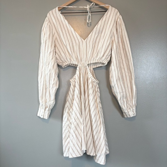 Sam Edelman Medium Linen Blend Emely Mini Cutout Stripe Dress White Tan - Picture 5 of 7